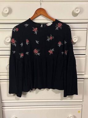 Altar’d State Black Peplum Top with Pink Floral Embroidery Size S